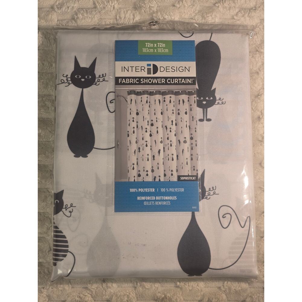InterDesign Fabric Shower Curtain Cat Print Black White 72x72 Polyester